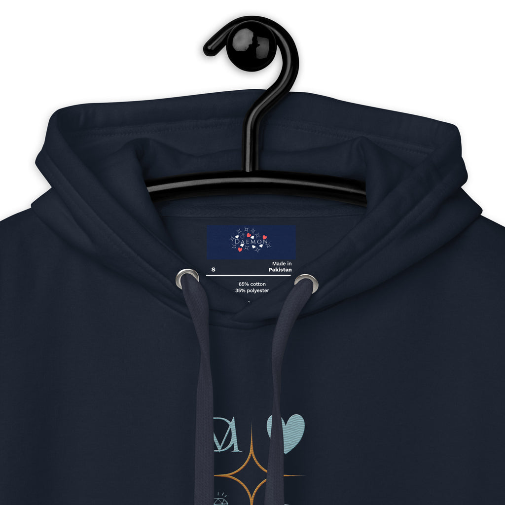 Daemon Elemental Powers unisex navy hoodie with a cotton heritage fabric and detailed hood design.