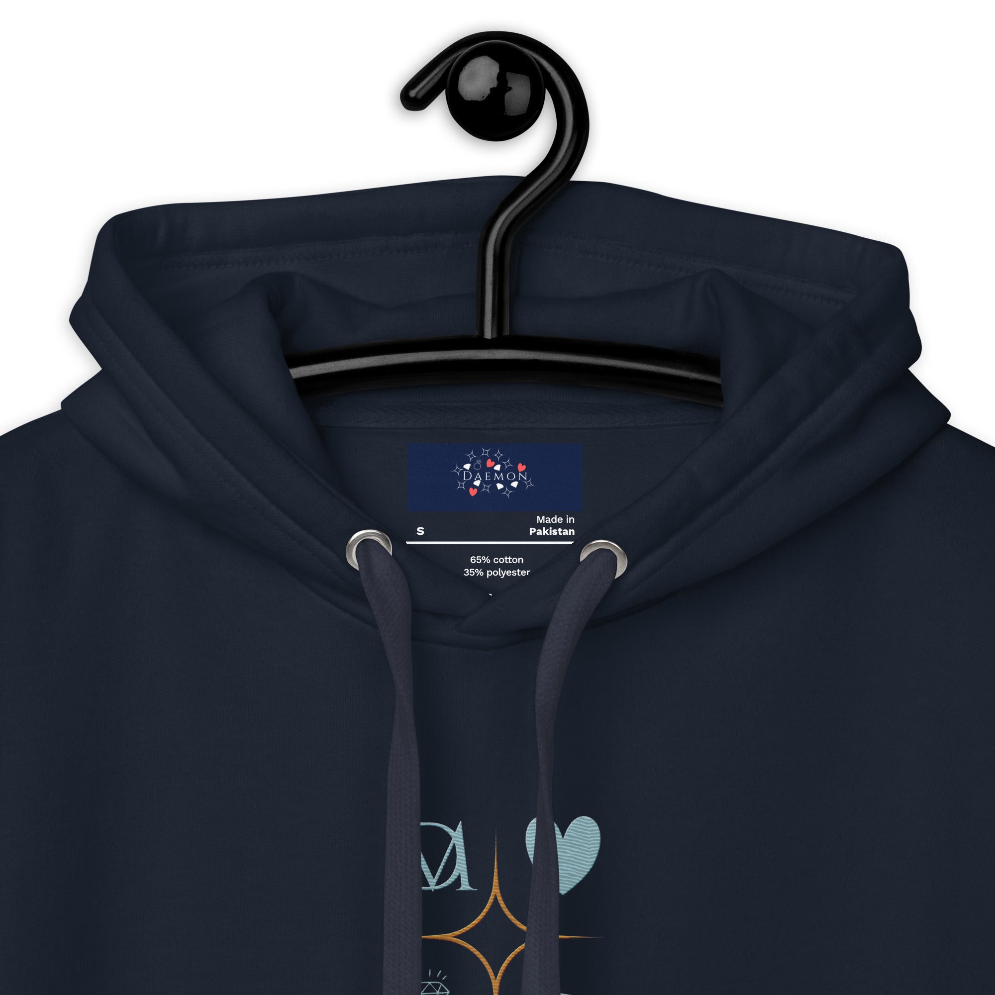 Daemon Elemental Powers unisex navy hoodie with a cotton heritage fabric and detailed hood design.