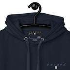 Daemon Luxury Potrero Hill Coyote hoodie in Midnight navy, close-up of the cotton heritage fabric and hood detail.