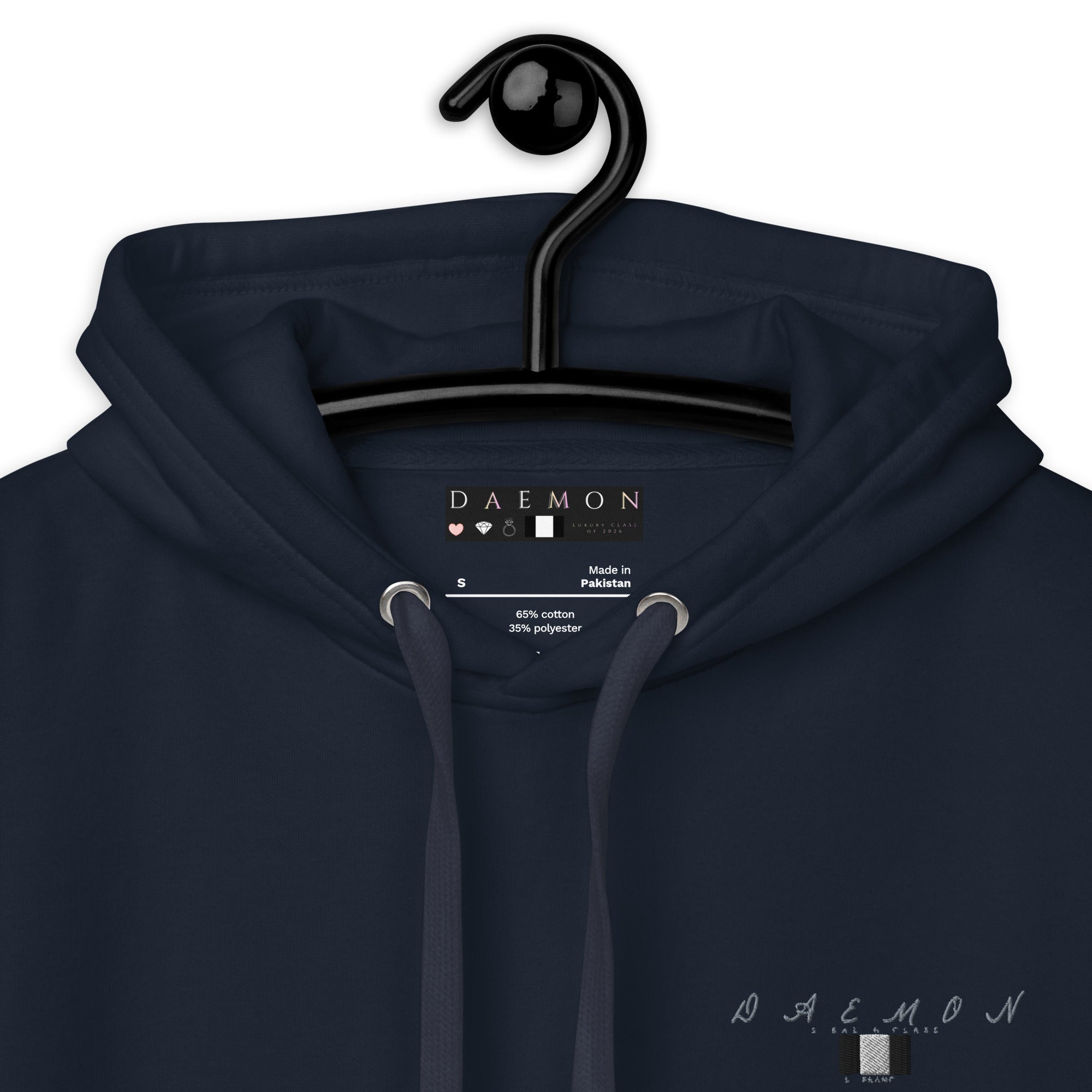 Daemon Luxury Potrero Hill Coyote hoodie in Midnight navy, close-up of the cotton heritage fabric and hood detail.