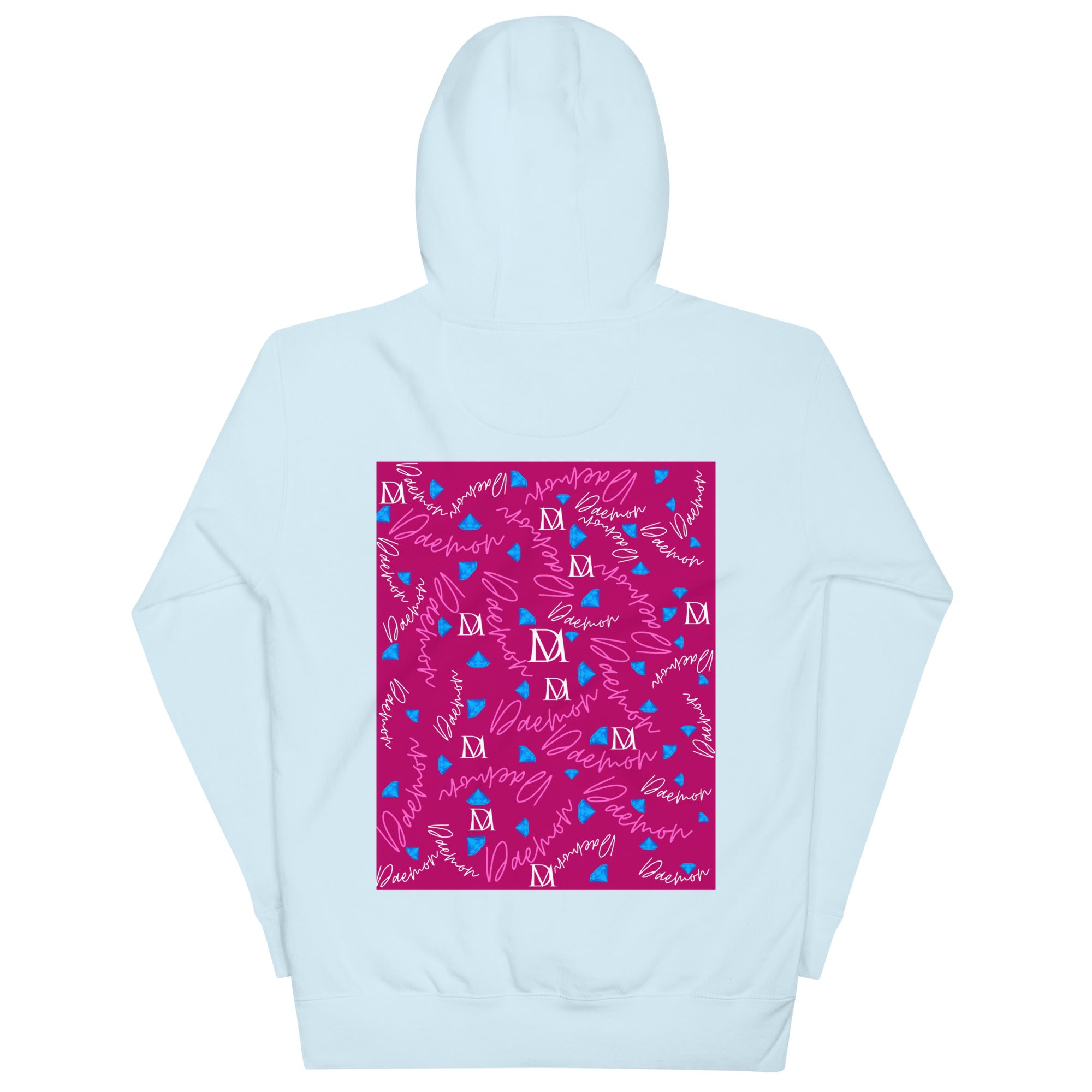 Unisex sky blue cotton hoodie with Picasso mirrors stitched design by Daemon Luxury, featuring a relaxed fit and premium quality.