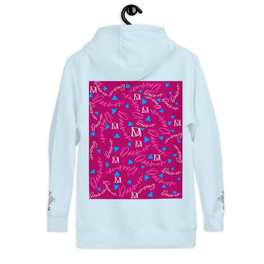 Daemon Luxury Picasso Mirros stitched candies unisex sky-blue cotton hoodie featuring a stylish back design.