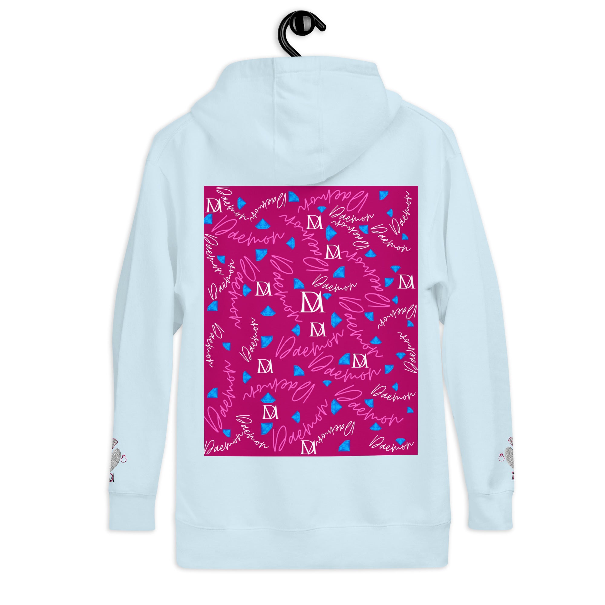 Daemon Luxury Picasso Mirros stitched candies unisex sky-blue cotton hoodie featuring a stylish back design.
