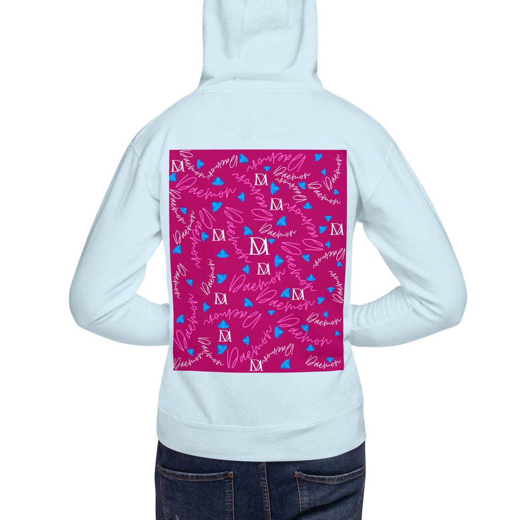 Unisex sky blue cotton hoodie with Picasso Mirrors stitched candy design on the back by Daemon Luxury.