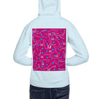 Unisex sky blue cotton hoodie with Picasso Mirrors stitched candy design on the back by Daemon Luxury.