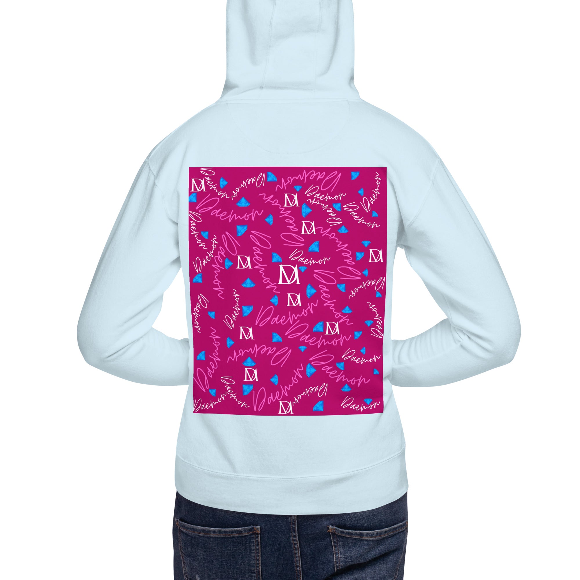 Unisex sky blue cotton hoodie with Picasso Mirrors stitched candy design on the back by Daemon Luxury.