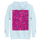 Unisex sky-blue cotton hoodie featuring Picasso Mirrors stitched candies artwork by Daemon Luxury, front view.