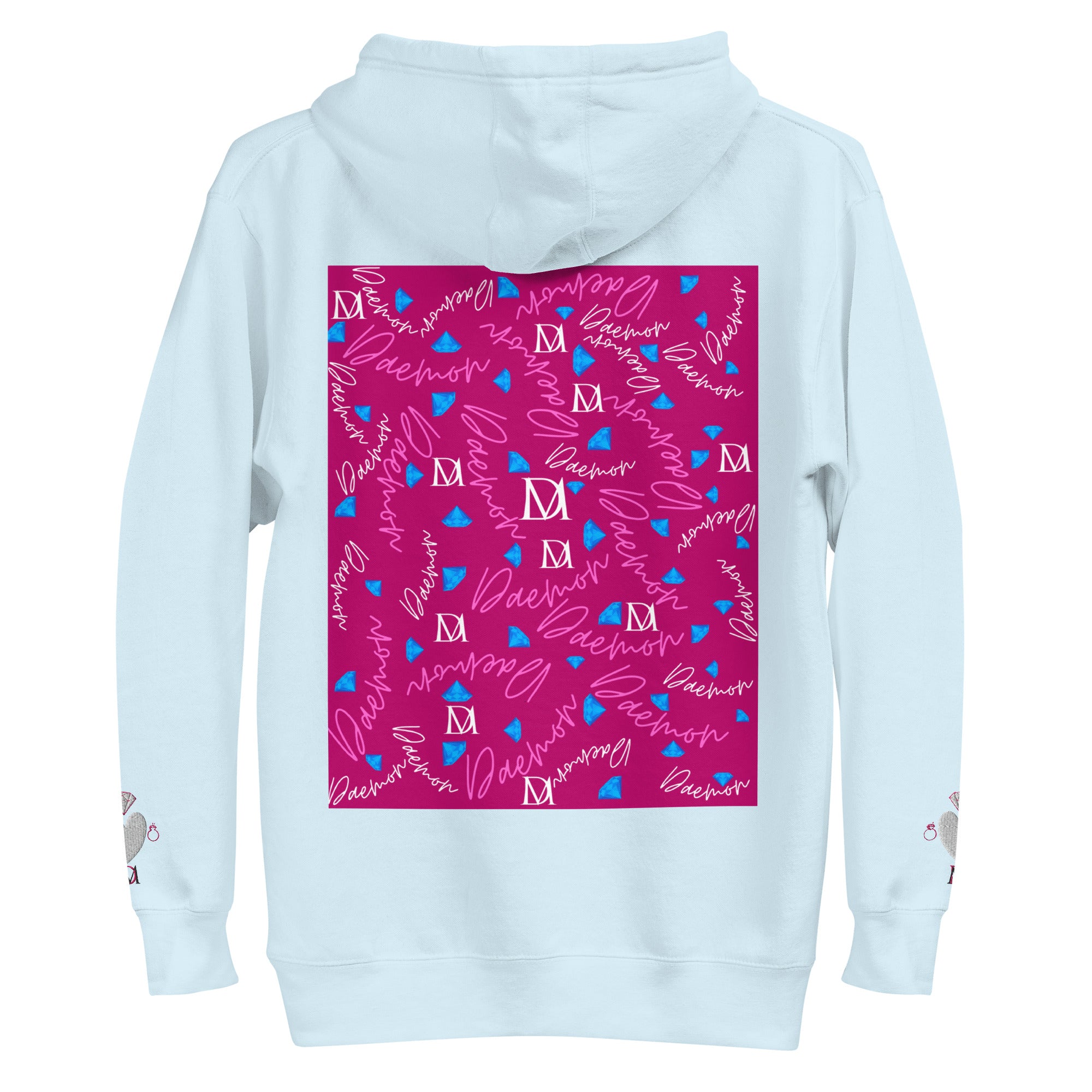 Unisex sky-blue cotton hoodie featuring Picasso Mirrors stitched candies artwork by Daemon Luxury, front view.