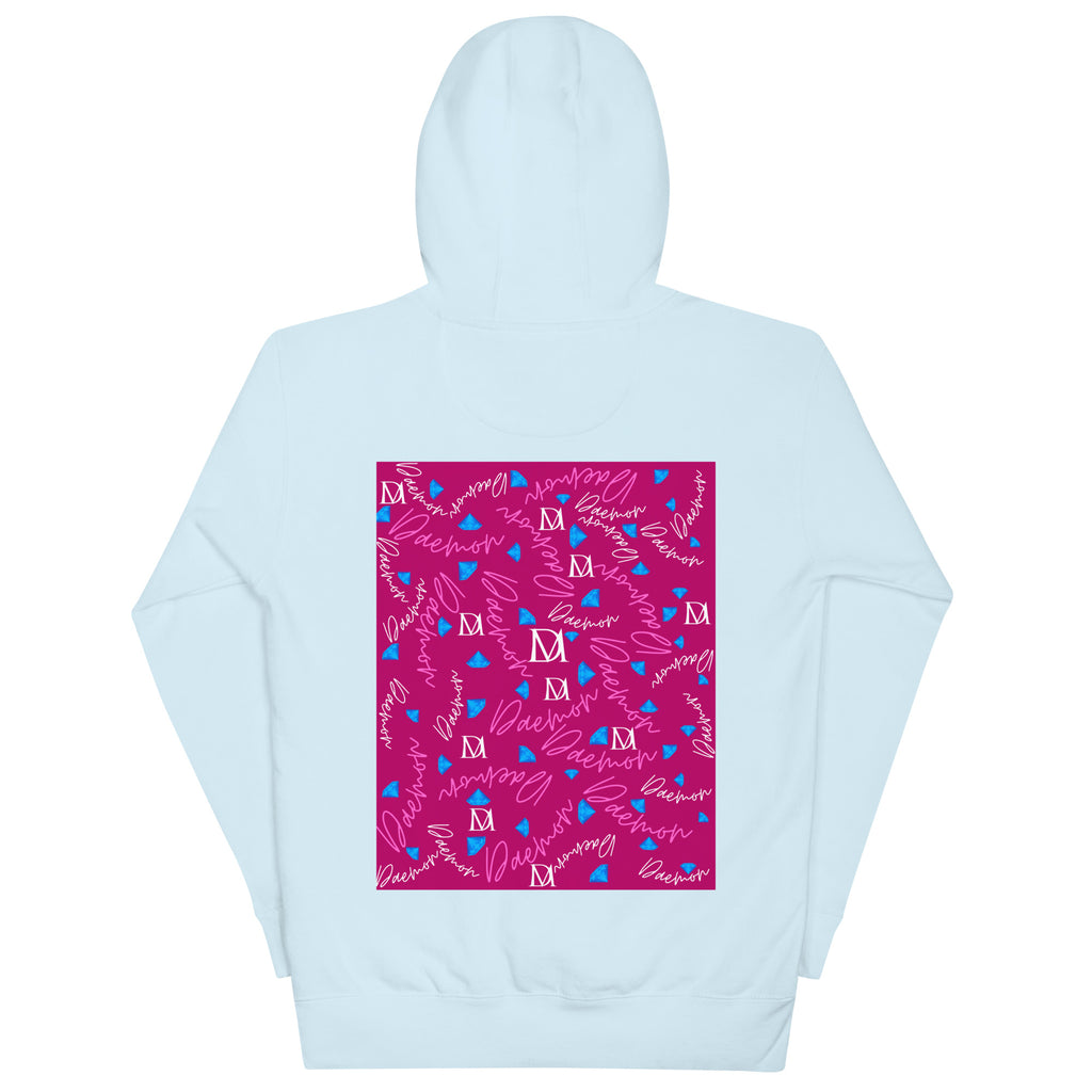 Daemon Luxury Picasso Mirros stitched candies hoodie, sky blue cotton unisex pullover with back detail.