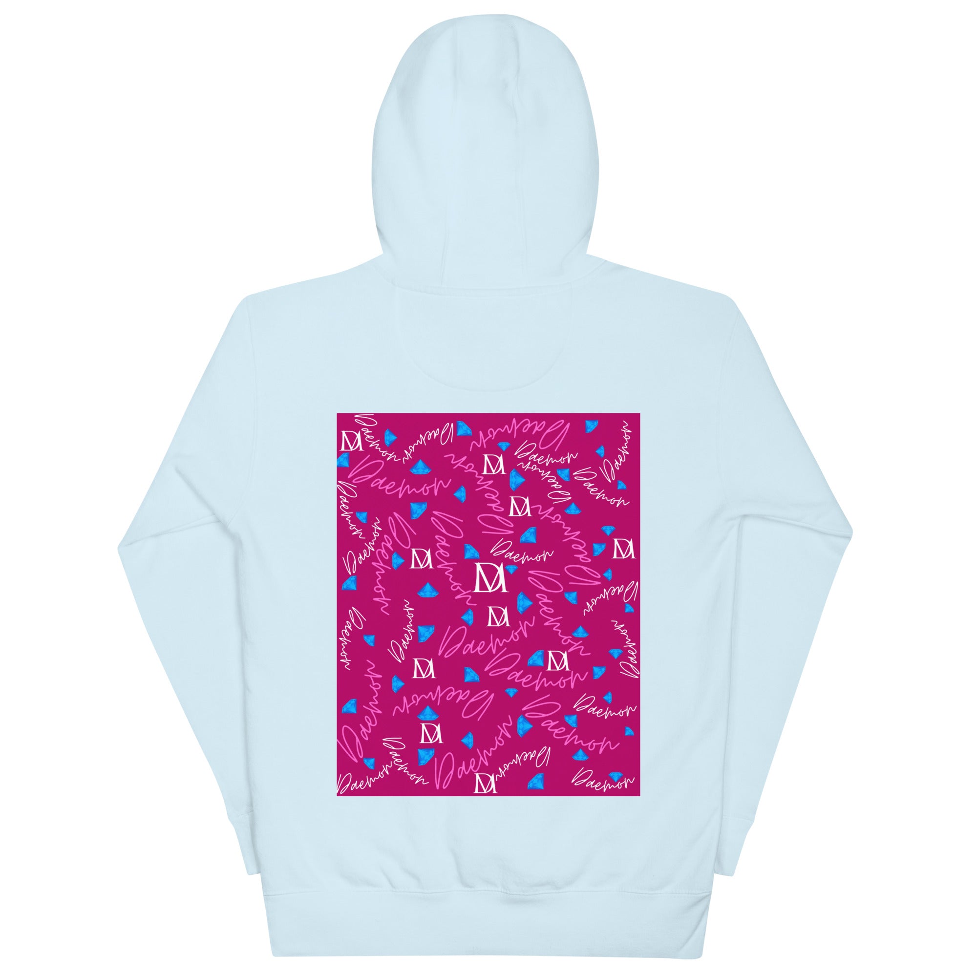Daemon Luxury Picasso Mirros stitched candies hoodie, sky blue cotton unisex pullover with back detail.