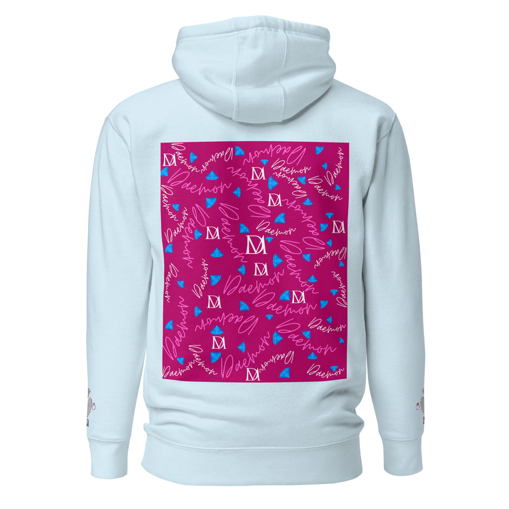Unisex sky blue hoodie from Daemon Luxury featuring stitched Picasso Mirros (Candies) design on the back.