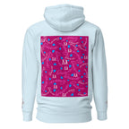 Unisex sky blue hoodie from Daemon Luxury featuring stitched Picasso Mirros (Candies) design on the back.