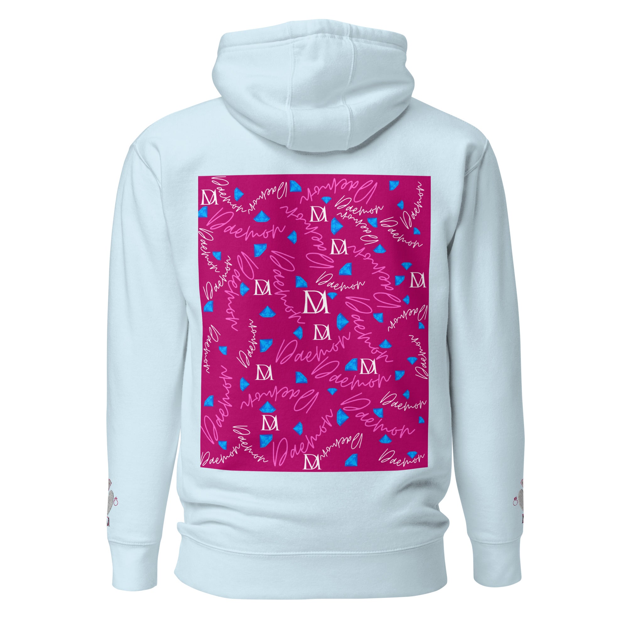 Unisex sky blue hoodie from Daemon Luxury featuring stitched Picasso Mirros (Candies) design on the back.