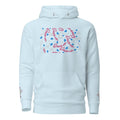 Unisex sky blue cotton hoodie with Picasso Mirros stitched candies design by Daemon Luxury, front view.