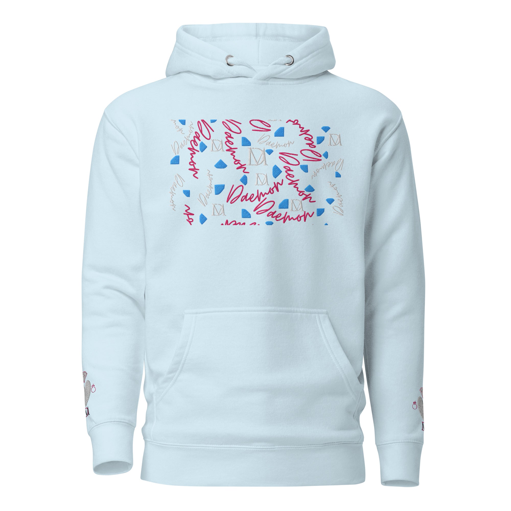 Unisex sky blue cotton hoodie with Picasso Mirros stitched candies design by Daemon Luxury, front view.