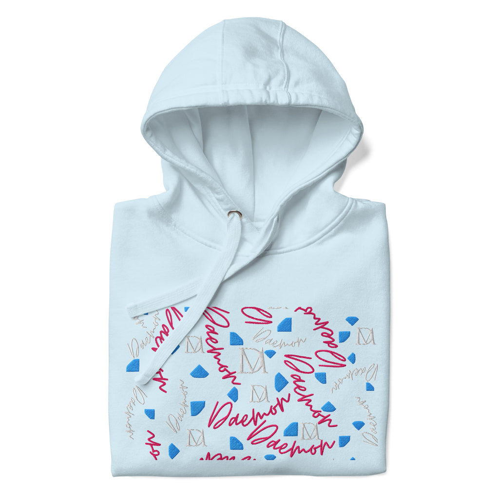 Unisex sky-blue cotton hoodie featuring stitched candies design by Daemon Luxury, front view of the PICASSO MIRROS collection.