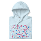 Unisex sky-blue cotton hoodie featuring stitched candies design by Daemon Luxury, front view of the PICASSO MIRROS collection.