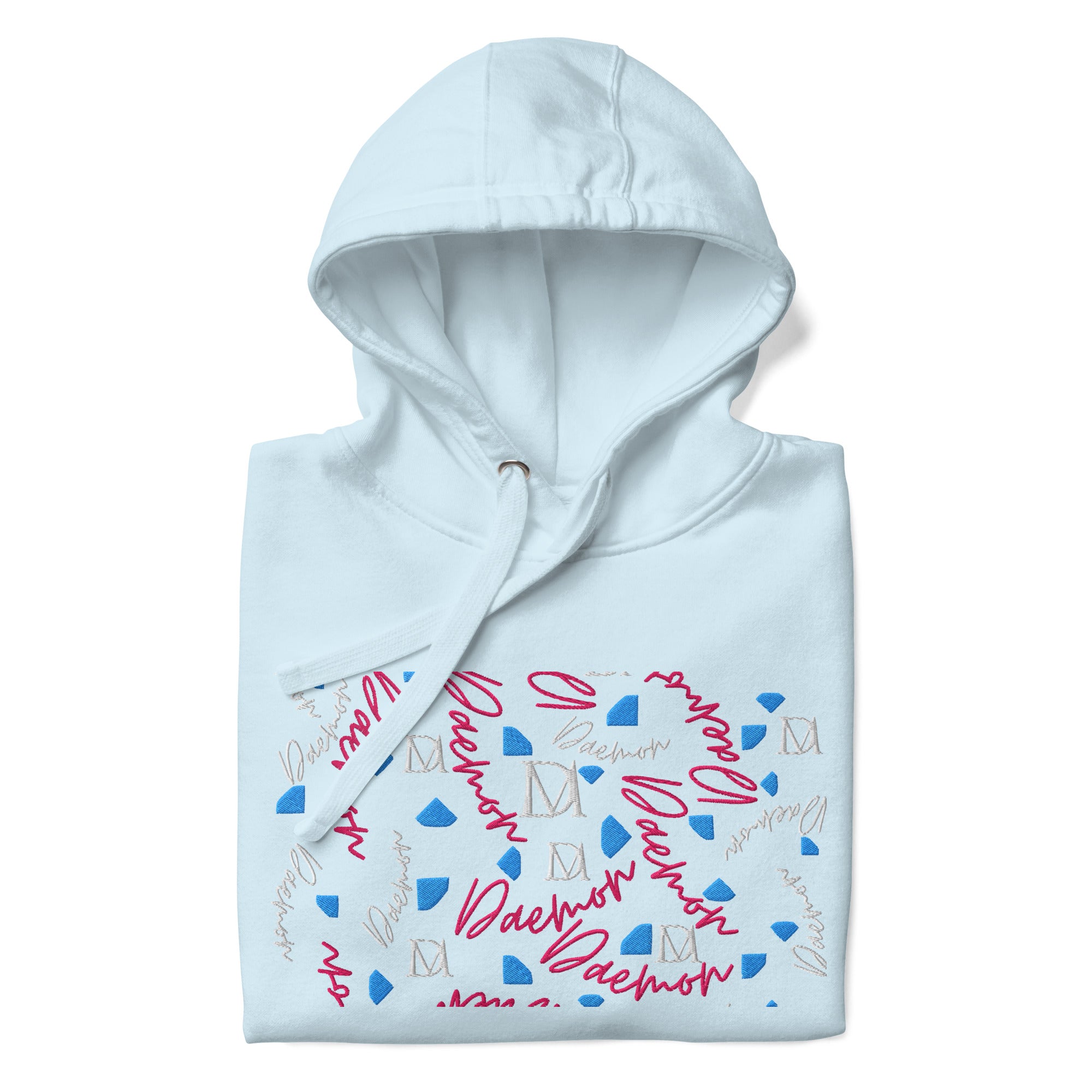 Unisex sky-blue cotton hoodie featuring stitched candies design by Daemon Luxury, front view of the PICASSO MIRROS collection.