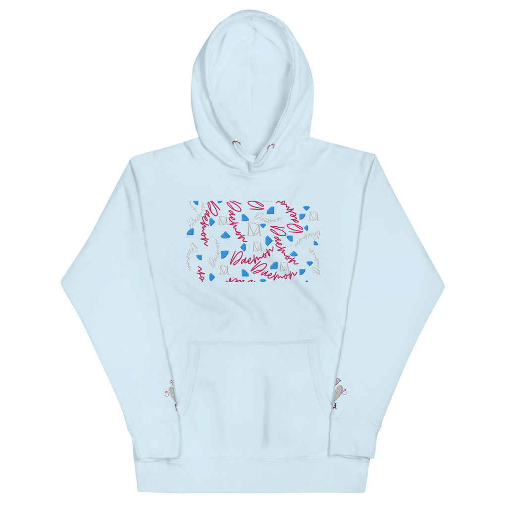 Unisex sky blue cotton hoodie from Daemon Luxury featuring Picasso Mirrors stitched candies design on the front.