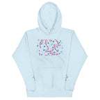 Unisex sky blue cotton hoodie from Daemon Luxury featuring Picasso Mirrors stitched candies design on the front.