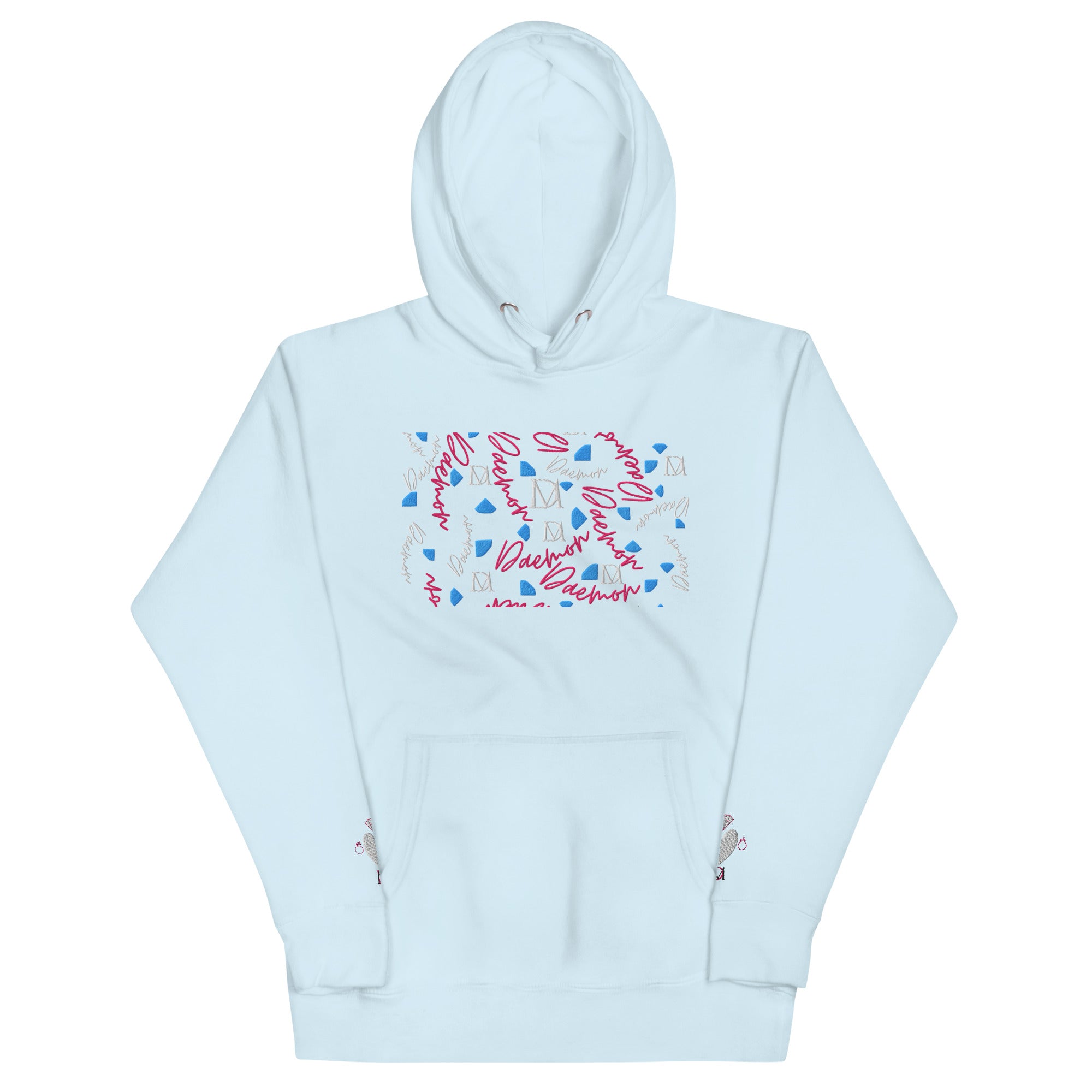Unisex sky blue cotton hoodie from Daemon Luxury featuring Picasso Mirrors stitched candies design on the front.