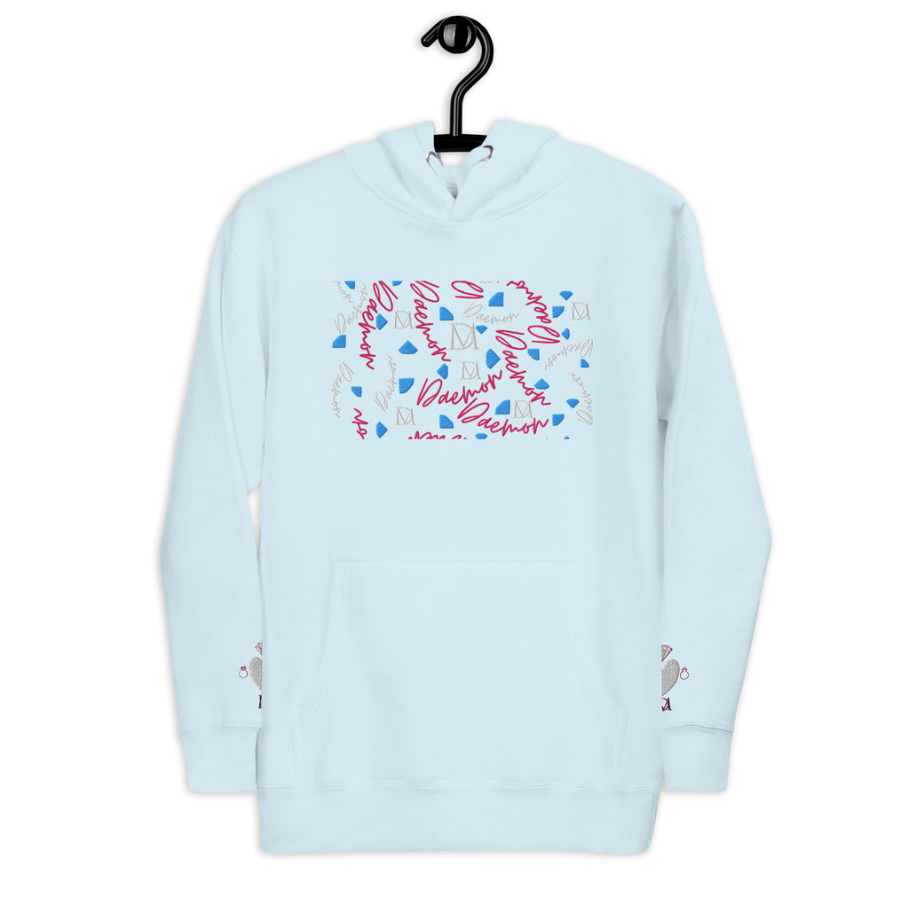 Daemon Luxury Picasso Mirros stitched candies unisex sky-blue cotton hoodie with front view.