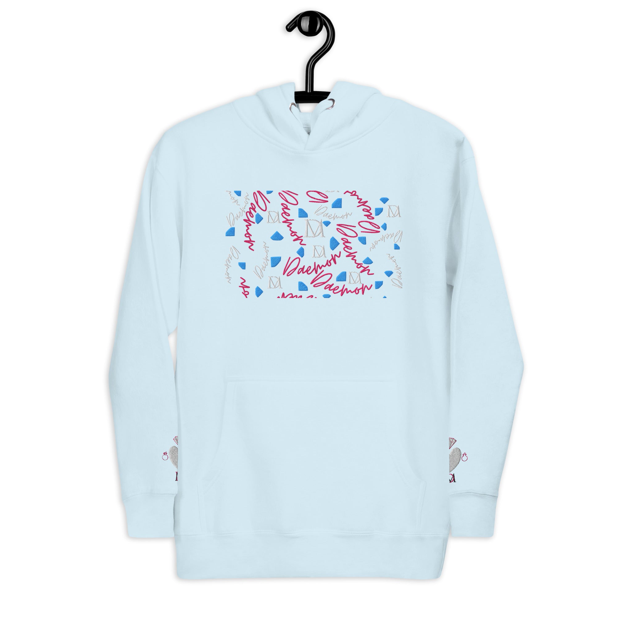 Daemon Luxury Picasso Mirros stitched candies unisex sky-blue cotton hoodie with front view.