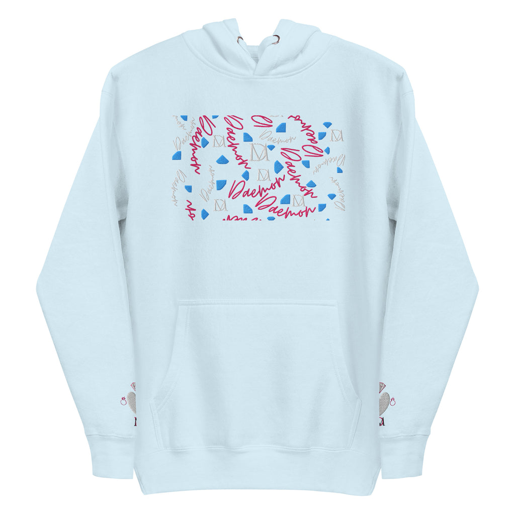 Daemon Luxury Picasso Mirros stitched candies hoodie, unisex sky blue cotton pullover with front design.