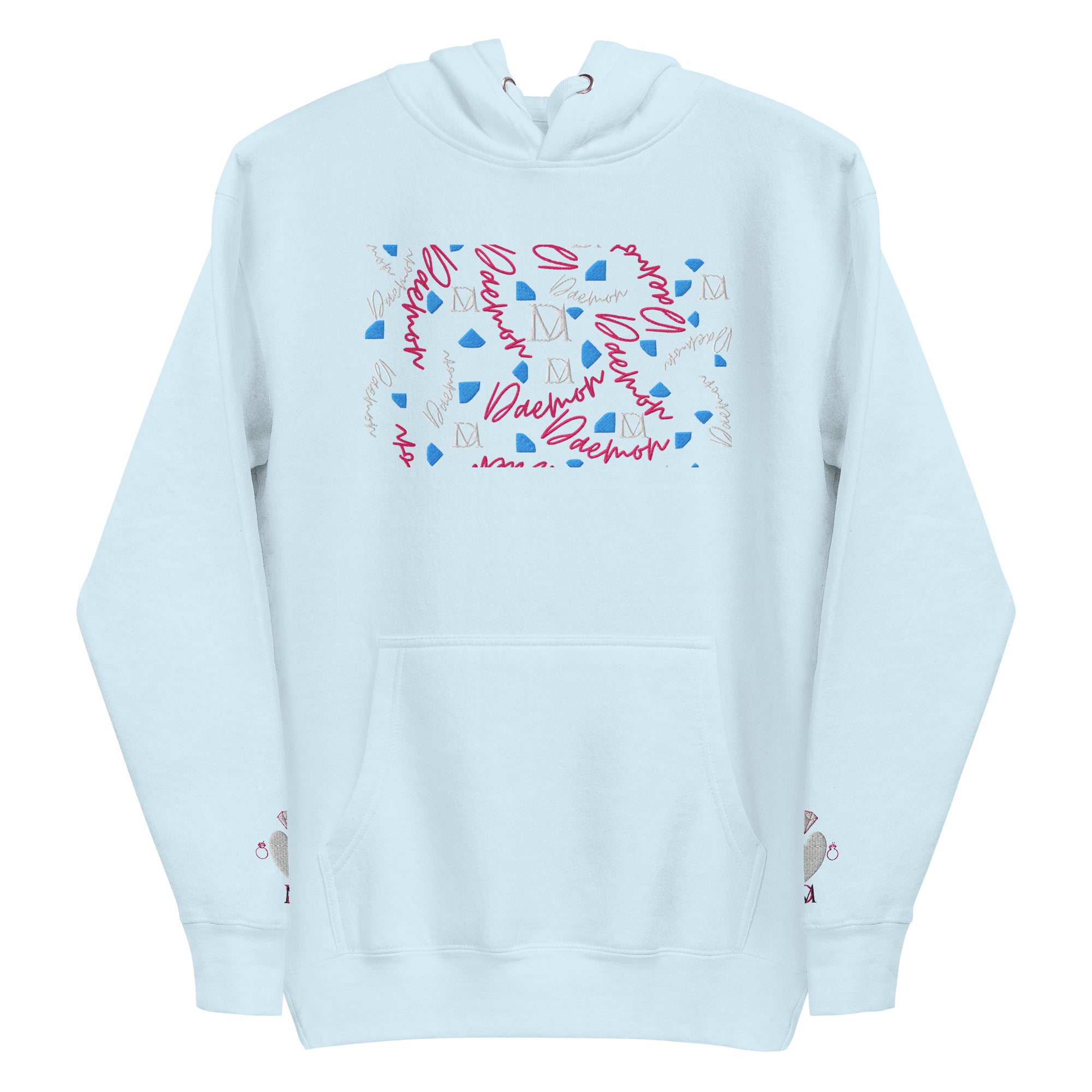 Daemon Luxury Picasso Mirros stitched candies hoodie, unisex sky blue cotton pullover with front design.