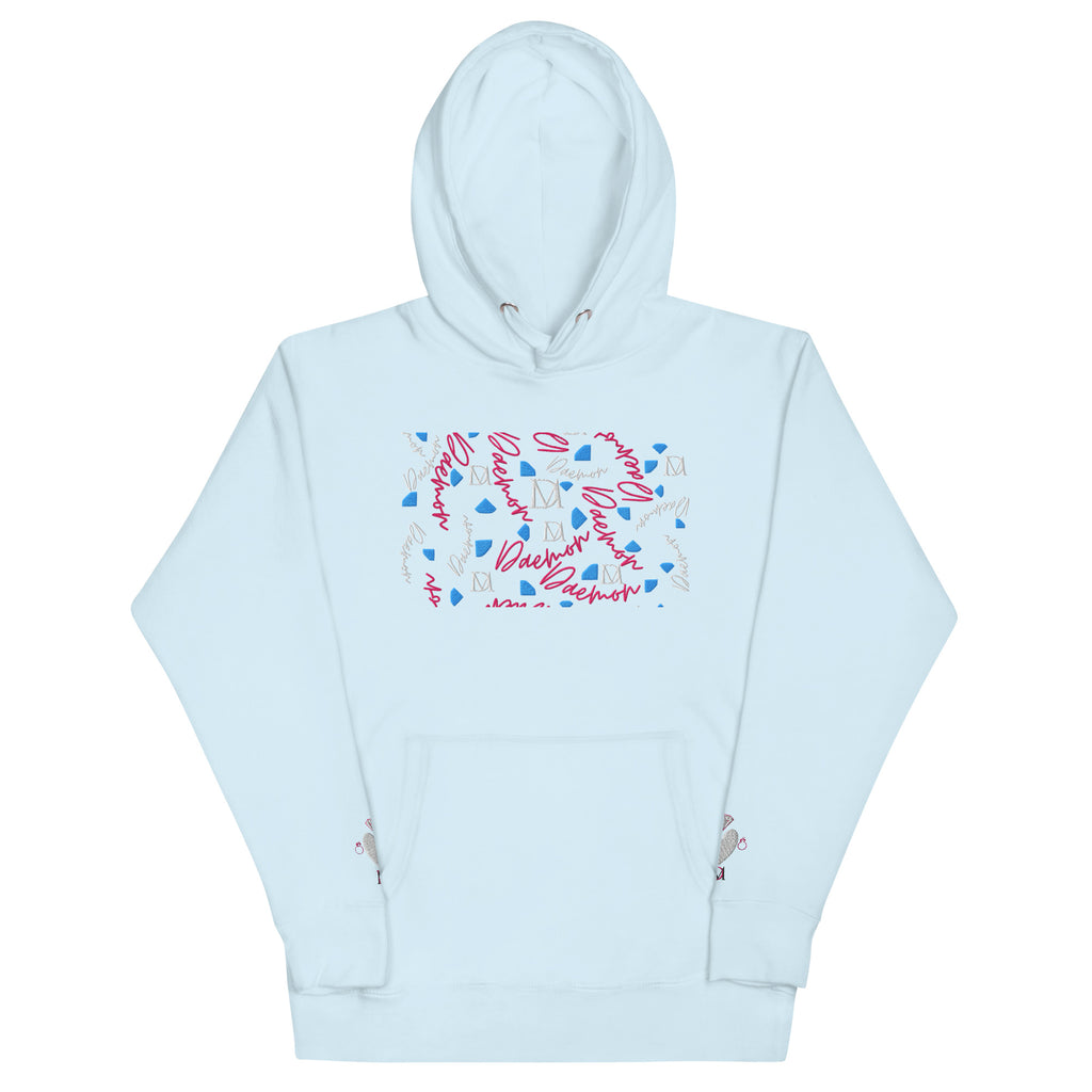 Sky blue Daemon Luxury Picasso Mirros stitched candies unisex cotton hoodie with front design.