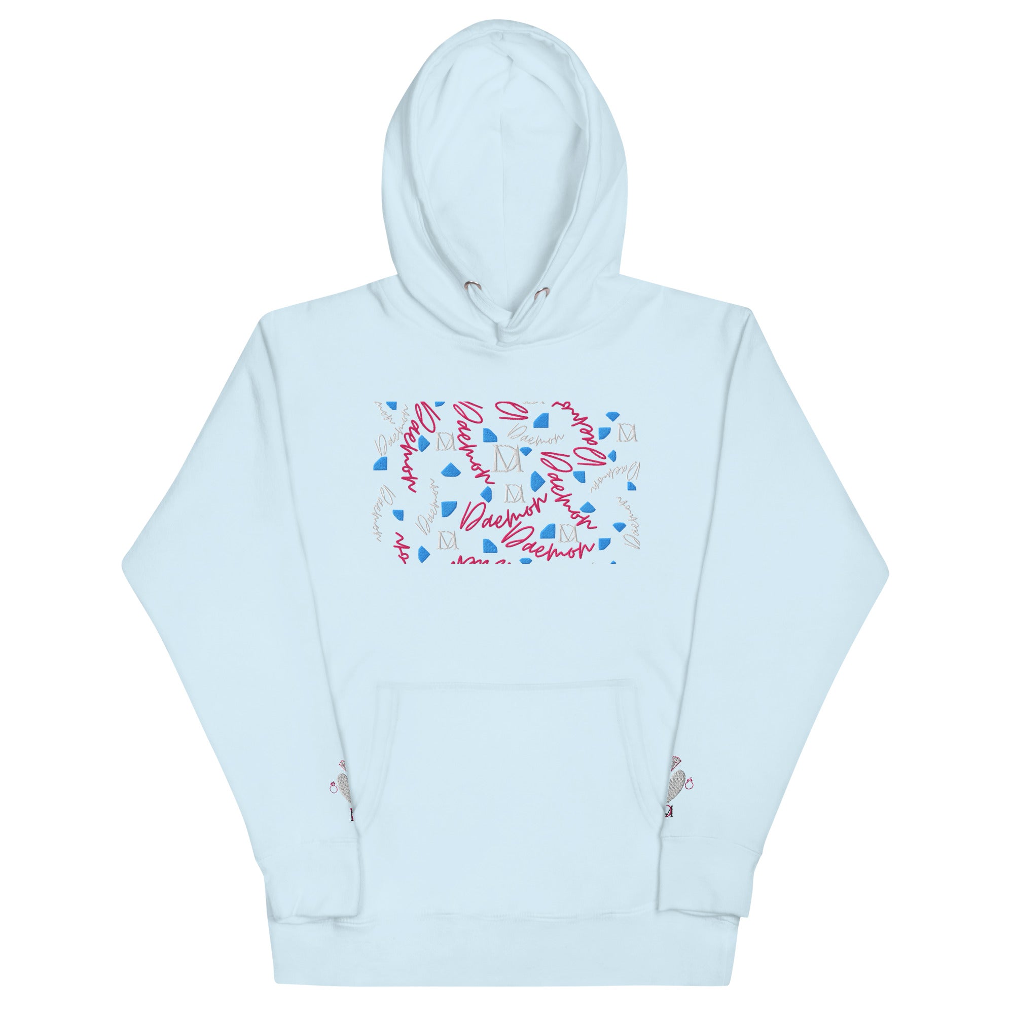 Sky blue Daemon Luxury Picasso Mirros stitched candies unisex cotton hoodie with front design.