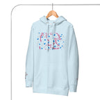 Daemon Luxury Picasso Mirros stitched candies unisex cotton hoodie in sky blue, featuring front design and comfortable fit.