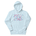 Unisex sky blue cotton hoodie by Daemon Luxury with Picasso Mirros stitched candies design on the front.