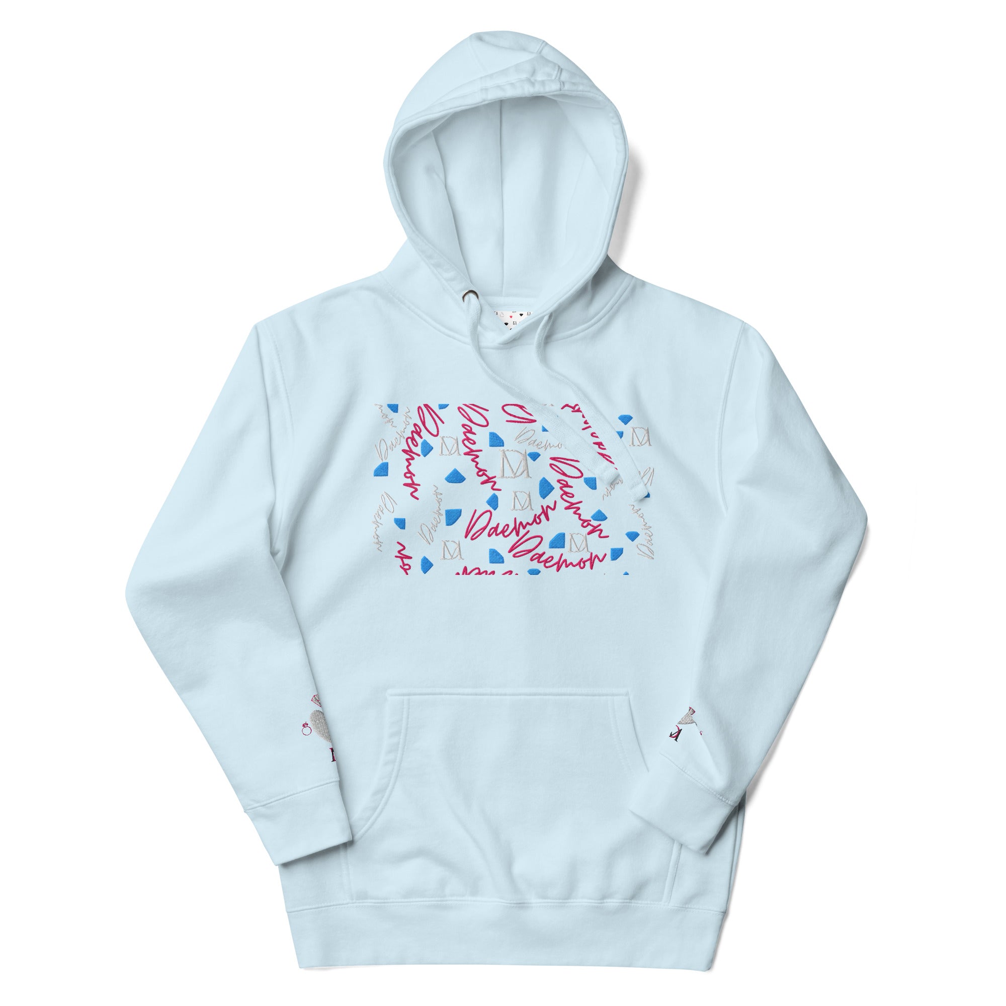 Unisex sky blue cotton hoodie by Daemon Luxury with Picasso Mirros stitched candies design on the front.