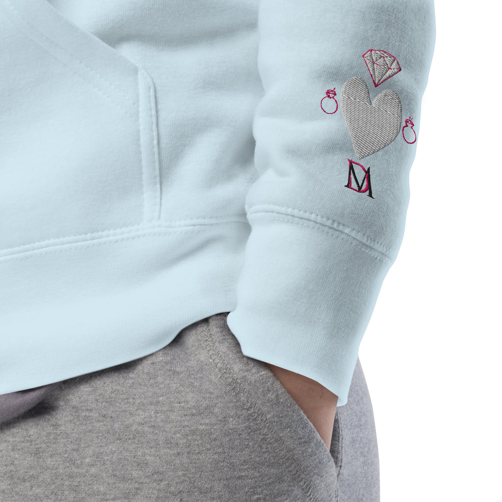 Daemon Luxury Picasso Mirros stitched candies hoodie in sky blue, unisex cotton pullover with detailed embroidery.