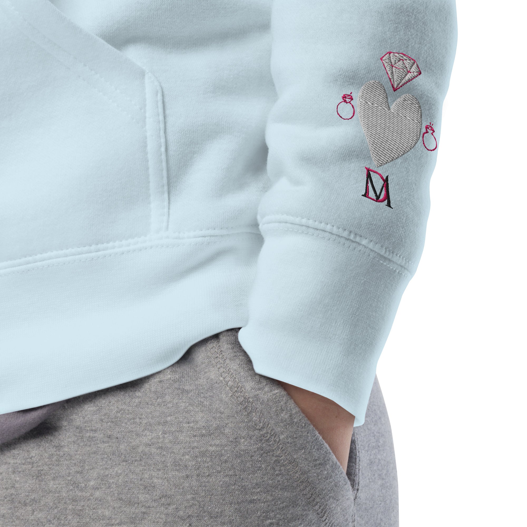 Daemon Luxury Picasso Mirros stitched candies hoodie in sky blue, unisex cotton pullover with detailed embroidery.
