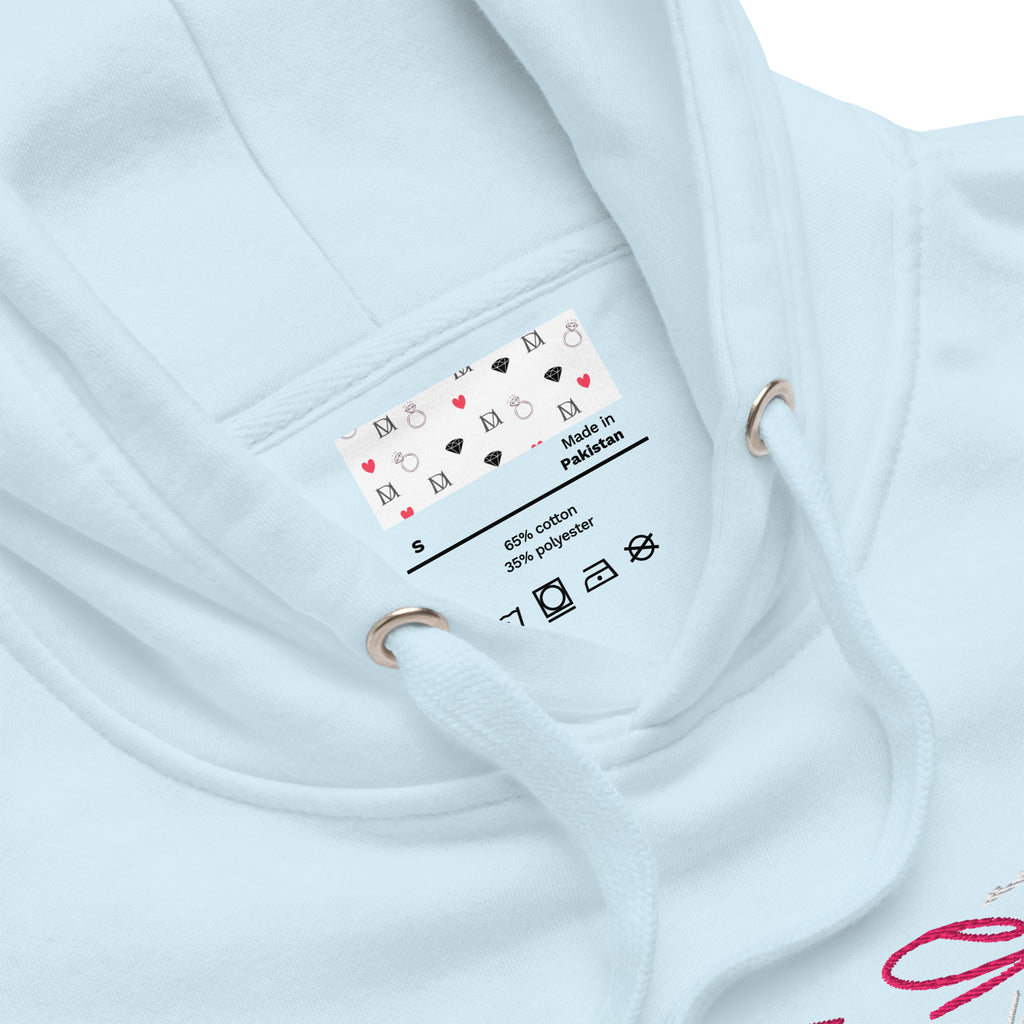 Unisex sky-blue cotton hoodie with Picasso Mirros stitched candies design by Daemon Luxury, casual and comfortable fashion piece.