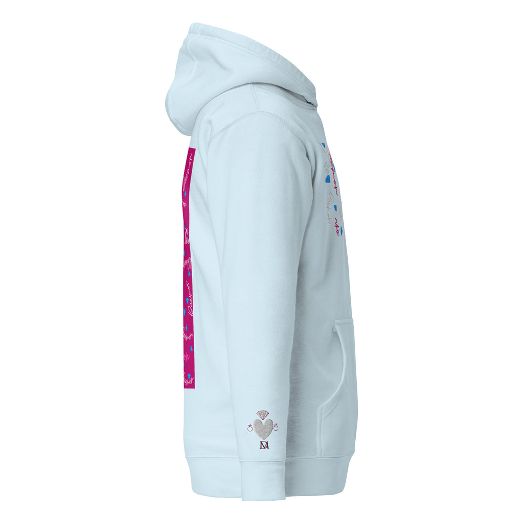 Unisex sky-blue cotton hoodie featuring PICASSO MIRROS stitched candies design by Daemon Luxury.