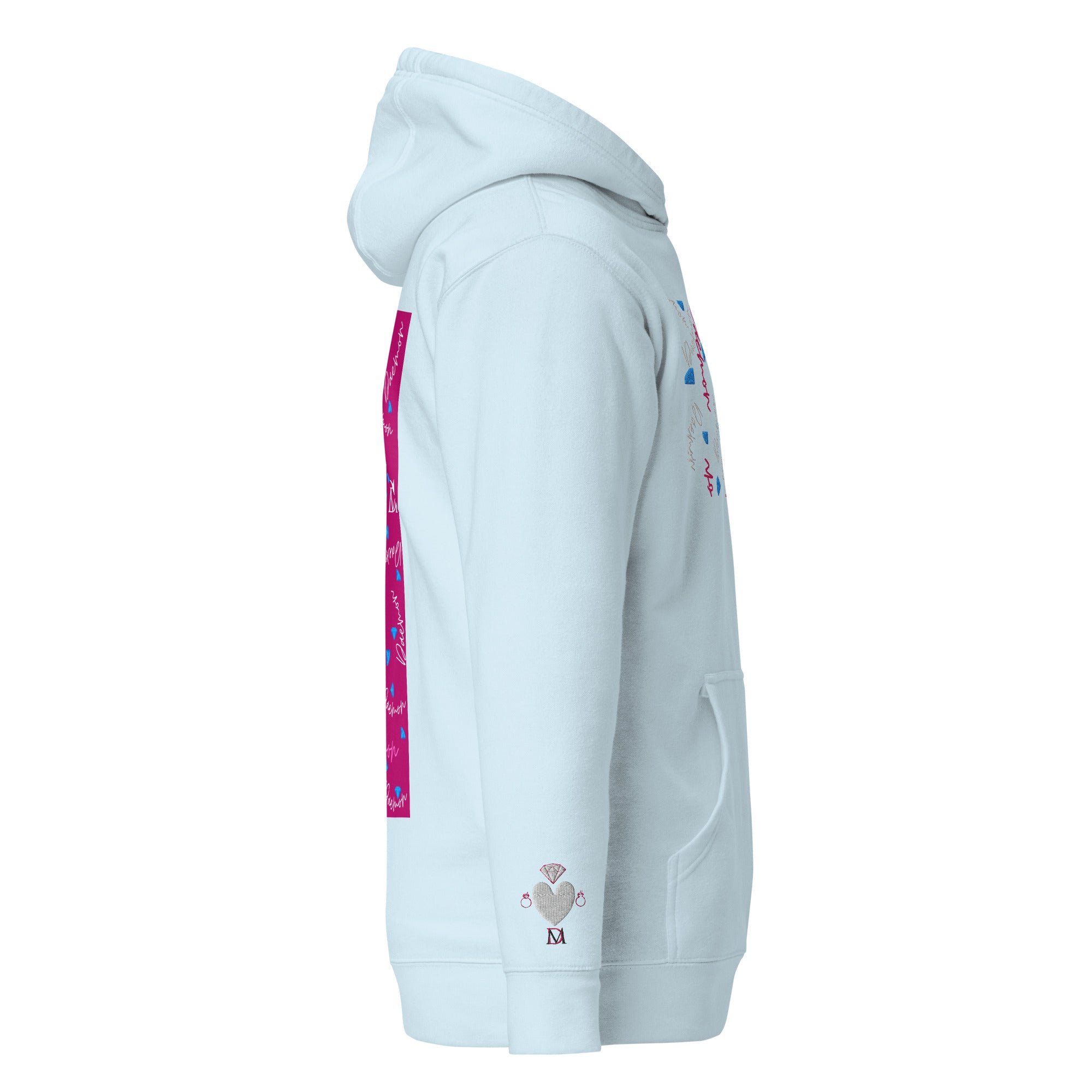 Unisex sky-blue cotton hoodie featuring PICASSO MIRROS stitched candies design by Daemon Luxury.