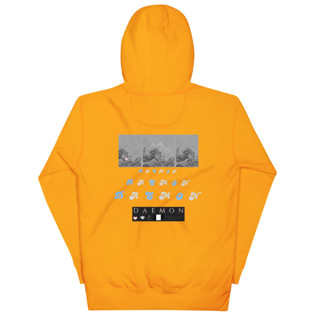 Unisex premium cotton hoodie in gold with a hood and "Tender Bandit" design by Daemon, featuring a relaxed fit.
