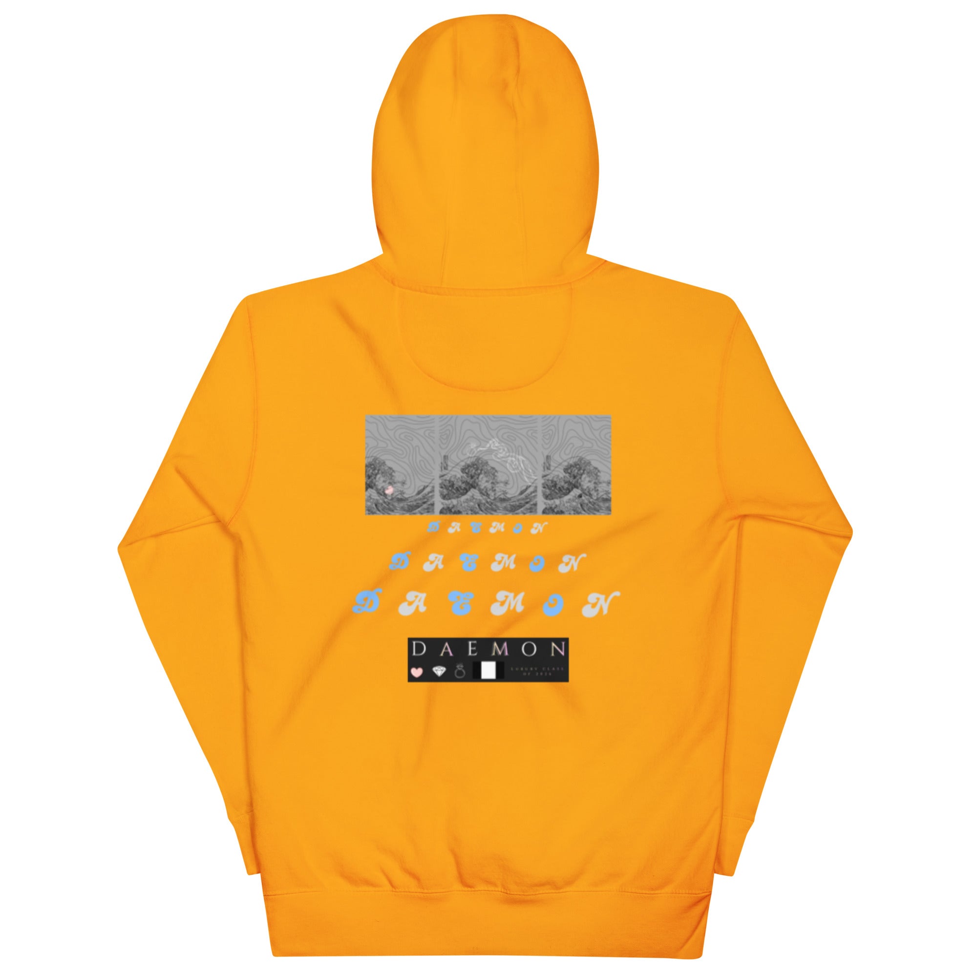 Unisex premium cotton hoodie in gold with a hood and "Tender Bandit" design by Daemon, featuring a relaxed fit.