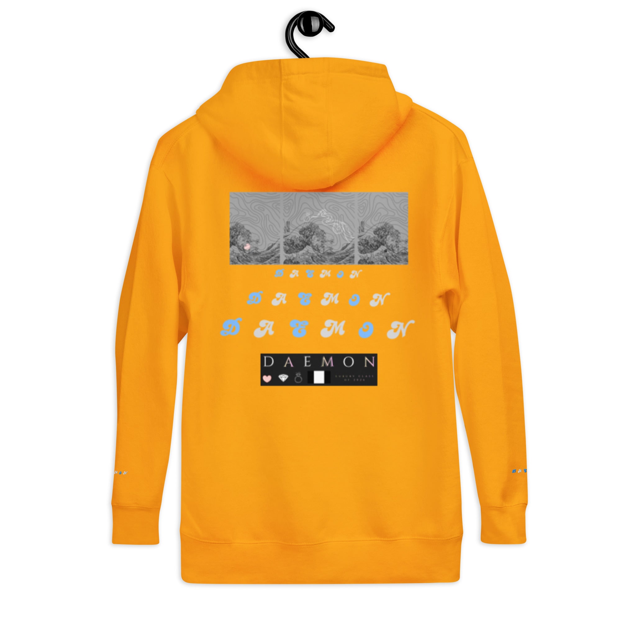 Daemon Gold Tender Bandit cotton hoodie with hood and front pocket, unisex design, featuring a gold logo on the back.