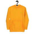 Unisex gold hoodie from Daemon with a cotton heritage fabric and front logo design, featuring a cozy pullover style with a hood.