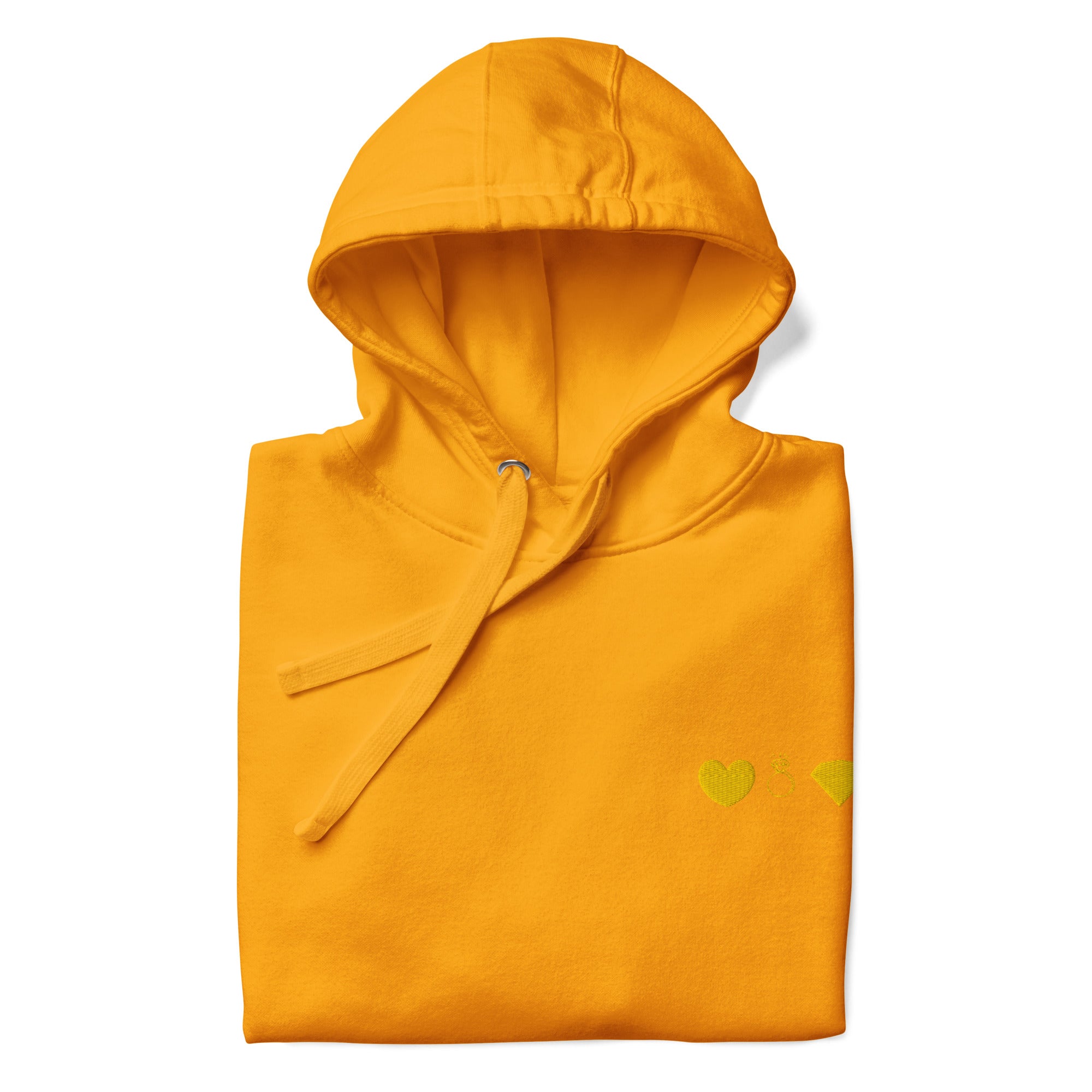 Unisex gold cotton hoodie with a front logo design by Daemon, featuring a cozy hood and casual fit.