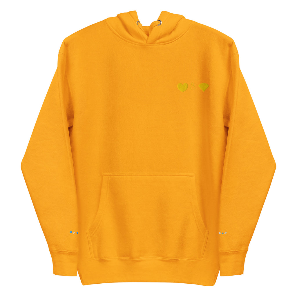Unisex gold cotton hoodie with Daemon brand logo, featuring a front view of the premium hooded sweatshirt.