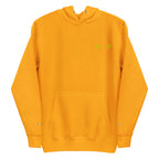 Unisex gold cotton hoodie with Daemon brand logo, featuring a front view of the premium hooded sweatshirt.