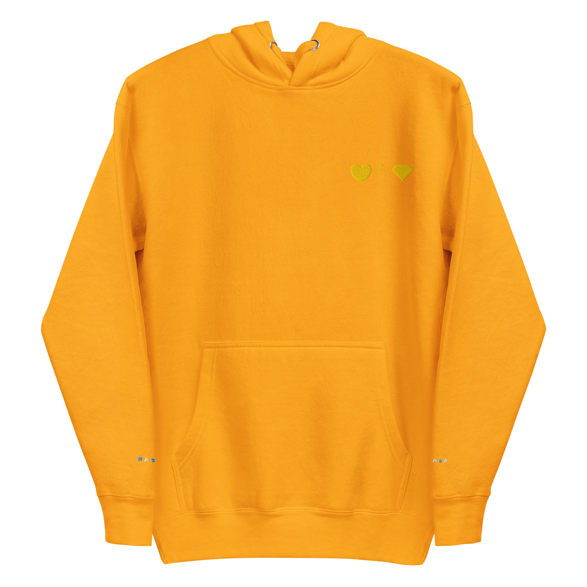 Unisex gold cotton hoodie with Daemon brand logo, featuring a front view of the premium hooded sweatshirt.