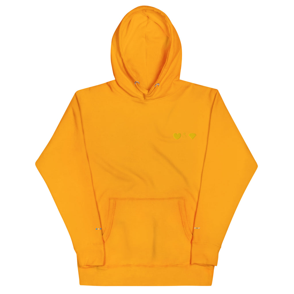 Unisex gold hoodie by Daemon featuring a cotton heritage fabric and a front pocket, casual and comfortable pullover style.