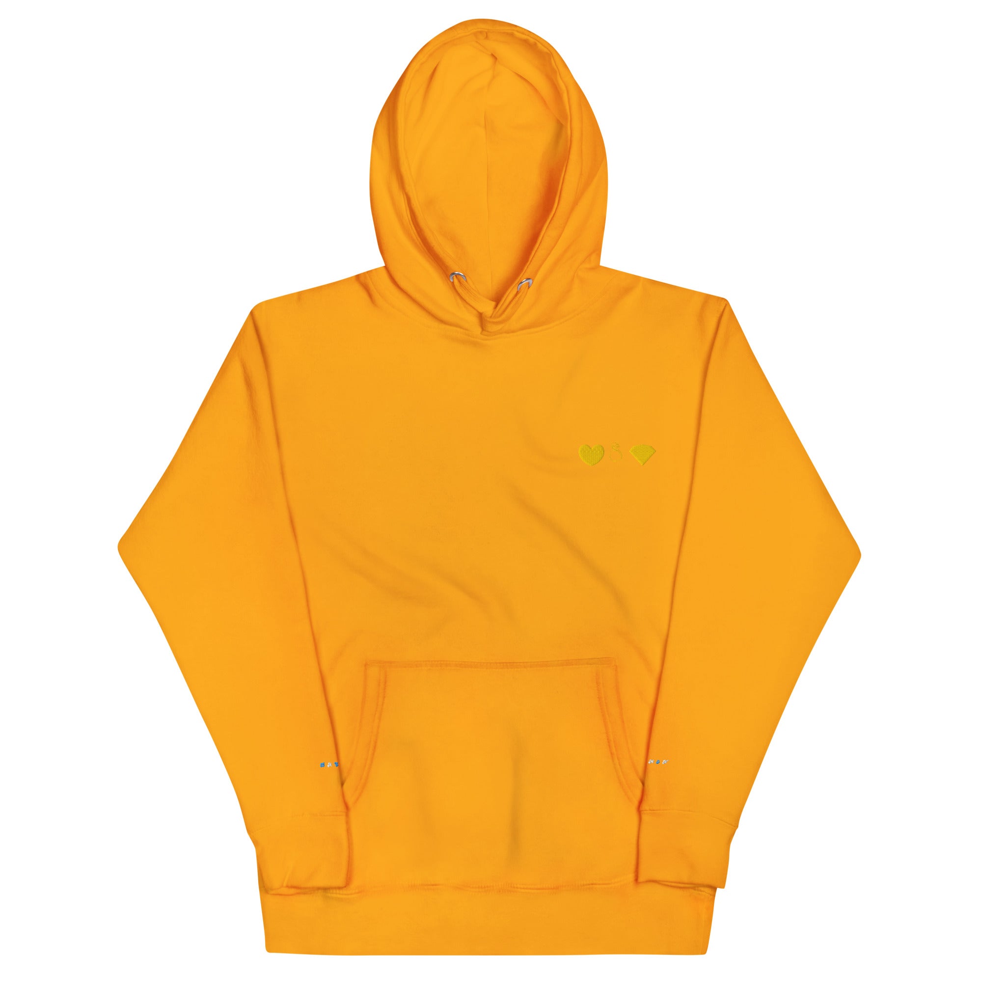 Unisex gold hoodie by Daemon featuring a cotton heritage fabric and a front pocket, casual and comfortable pullover style.