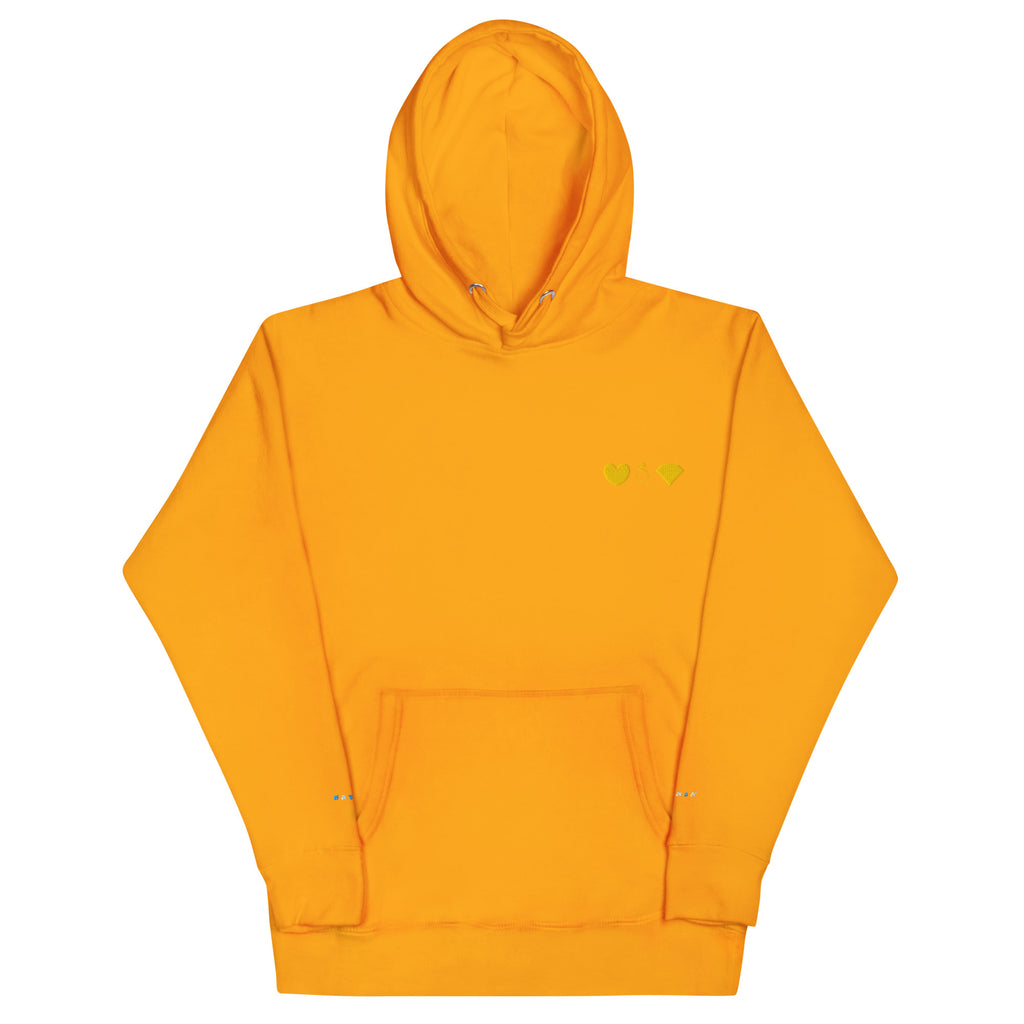 Unisex gold cotton hoodie with a front pocket and hood, by Daemon, featuring a casual, premium design.